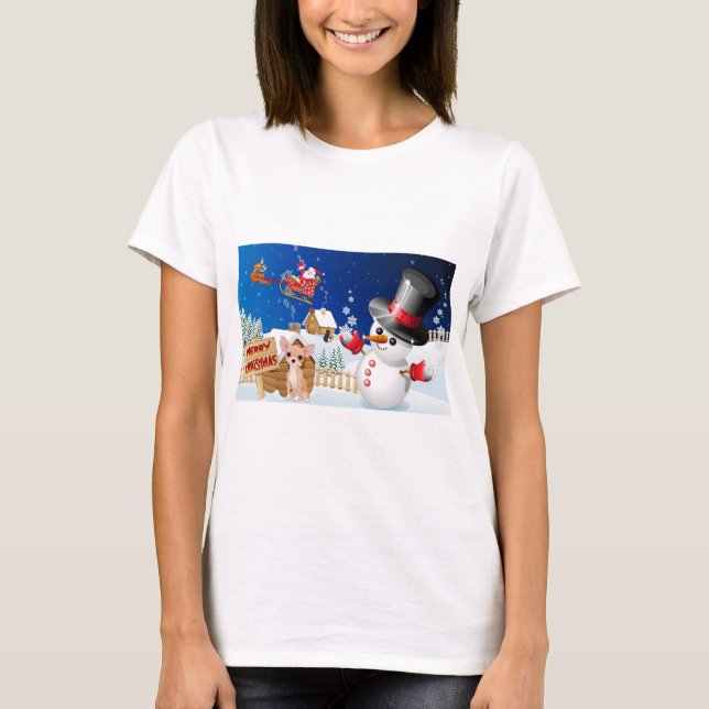Frohe Weihnachten Chihuahua mit Frosty T-Shirt (Vorderseite)
