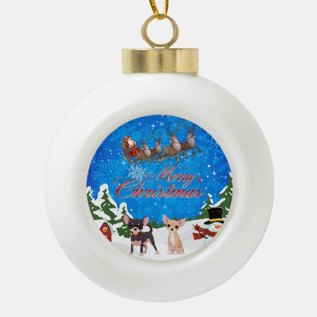 Frohe Weihnachten Chihuahua mit Santa Keramik Kugel-Ornament (Vorderseite)