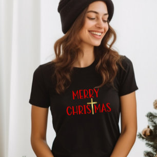 Frohe Weihnachten Christlich Gold Cross Faith Blac T-Shirt