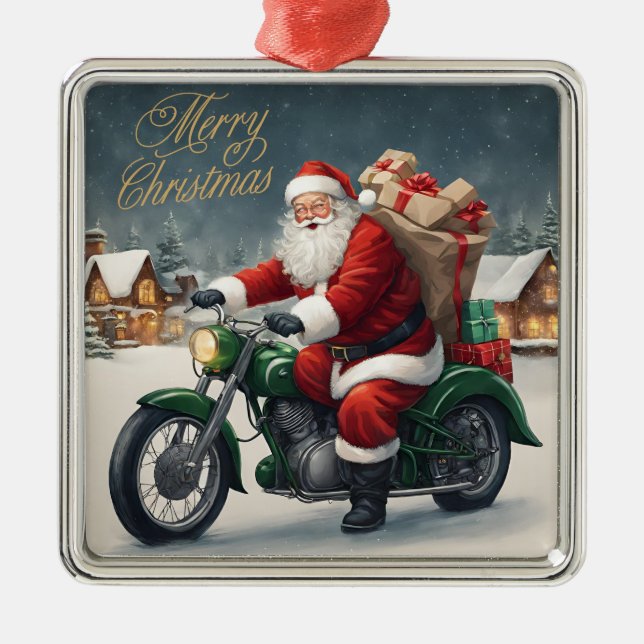 Frohe Weihnachten Cooler Weihnachtsmann auf Motorr Ornament Aus Metall (Vorne)