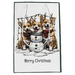 Frohe Weihnachten Corgi Dogs Snowman Mittlere Geschenktüte