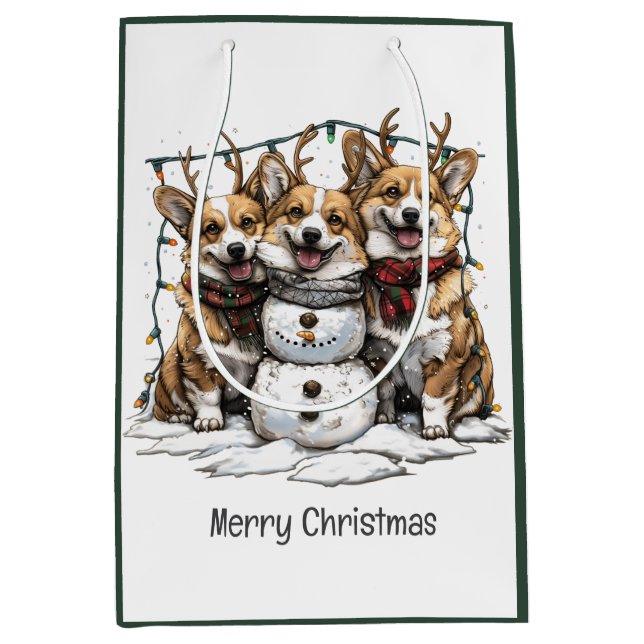 Frohe Weihnachten Corgi Dogs Snowman Mittlere Geschenktüte (Vorderseite)