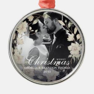 Frohe Weihnachten Couple Foto Magnolia Floral Ornament Aus Metall