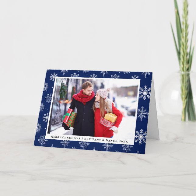 Frohe Weihnachten Couple Foto Snowflakes Blau (Vorderseite)