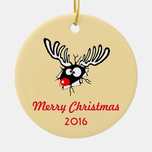 Frohe Weihnachten! Crazy Red Nosed Reindeer Keramikornament (Vorne)