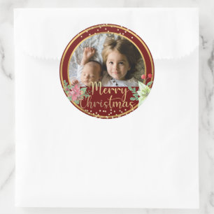 Frohe Weihnachten Custom Foto Burgundy Red & Gold Runder Aufkleber