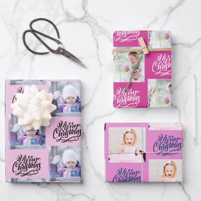 Frohe Weihnachten Custom Foto Rosa Set von 3 Geschenkpapier Set (Vorderseite)