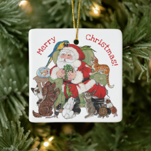 Frohe Weihnachten Custom Santa & Pets Süße Tier Keramikornament