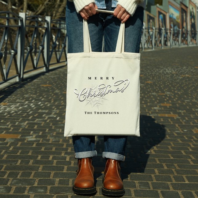 Frohe Weihnachten Custom Silver Snowflake Tragetasche (Silver snowflake simple holiday tote bag)