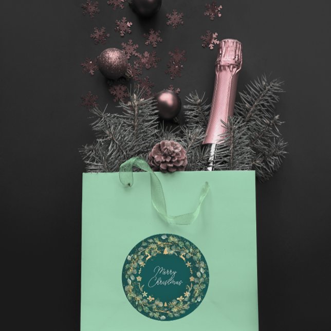 Frohe Weihnachten Deep Green Wreath Woodland Gold Runder Aufkleber (Merry Christmas Deep Green Wreath Woodland Gold Classic Round Sticker)