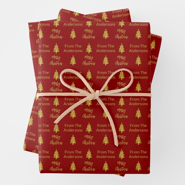 Frohe Weihnachten Deep Red und Gold Namen Bäume Geschenkpapier Set (Beispiel)