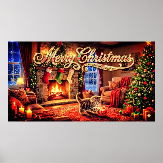 Frohe Weihnachten Dekorative Kunst mit Kätzchen Poster (Vorne)