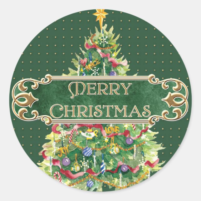 Frohe Weihnachten dekoriert Tree Star Gold Swirl Runder Aufkleber (Vorderseite)