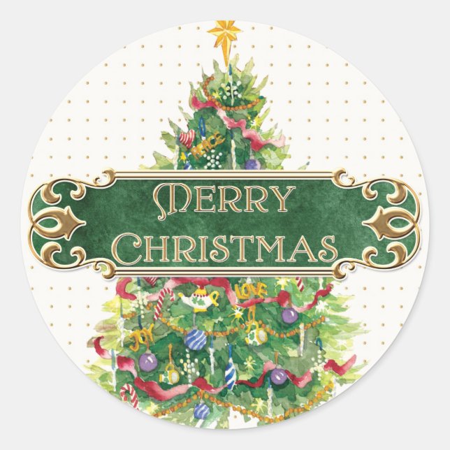 Frohe Weihnachten dekoriert Tree Star Gold Swirl Runder Aufkleber (Vorderseite)