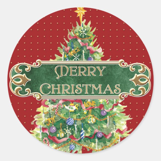 Frohe Weihnachten dekoriert Tree Star Gold Swirl Runder Aufkleber (Vorderseite)