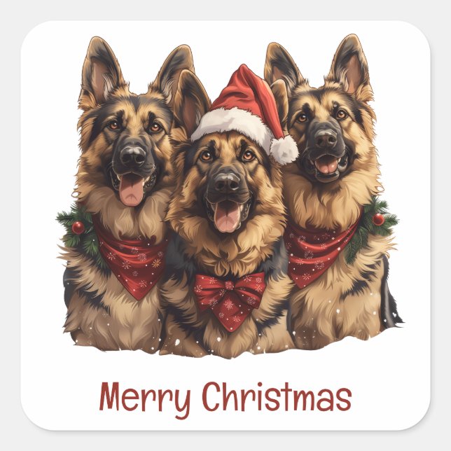 Frohe Weihnachten Deutsche Schäferhunde Quadratischer Aufkleber (Vorderseite)