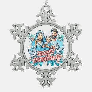Frohe Weihnachten - Die heilige Familie - Geburt Schneeflocken Zinn-Ornament