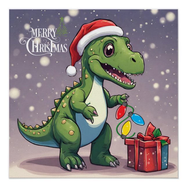Frohe Weihnachten Dinosaurier mit Gegenwart Poster (Vorderseite)
