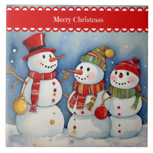 Frohe Weihnachten, drei farbige Schneemänner, Fliese
