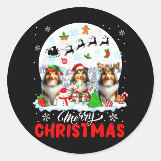 Frohe Weihnachten Drei Santa Elf Reindeer Shetland Runder Aufkleber