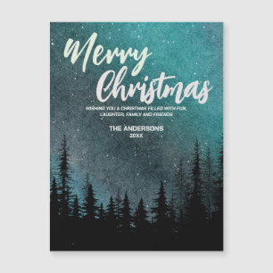 Frohe Weihnachten Dunkle Nacht Himmel Kiefernwald Magnetkarte