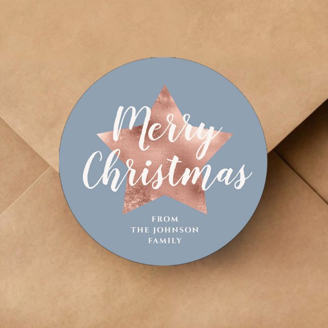 Frohe Weihnachten Dusty Blue Rose Gold Star Runder Aufkleber (Merry Christmas Dusty Blue Rose Gold Star Classic Round Sticker)