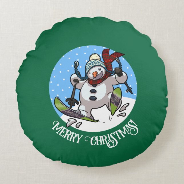 Frohe Weihnachten! Editable Text Skiing Snowman Rundes Kissen (Vorderseite)