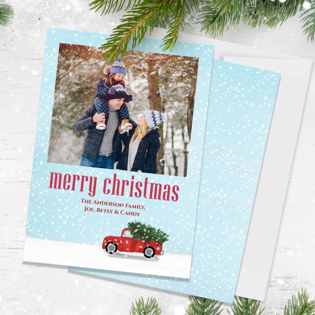 Frohe Weihnachten Ein Foto Red Truck (Christmas classic rustic red truck holiday photo card with whimsical winter snowfall)