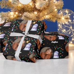 Frohe Weihnachten ein Kreis Foto und Name Snowman Geschenkpapier