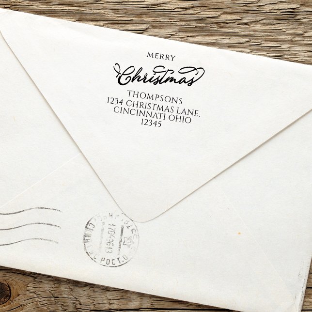 Frohe Weihnachten Einfache Calligraphie-Rücksendea Permastempel (Merry Christmas holiday self-inking stamp with stylish calligraphy script.)