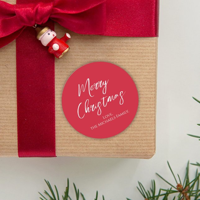 Frohe Weihnachten Einfache Minimalistische Script  Runder Aufkleber (Merry Christmas calligraphy script simple red gift sticker label. )
