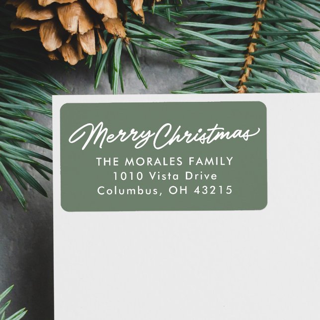 Frohe Weihnachten einfache Skriptgrün-Rücksendeadr Adressaufkleber (Von Creator hochgeladen)
