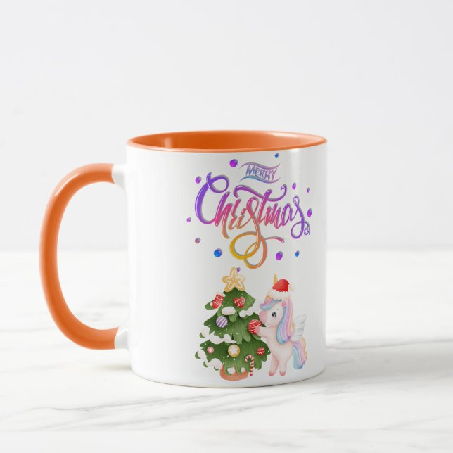 Frohe Weihnachten Einhorn farbenfrohe Tasse (Links)