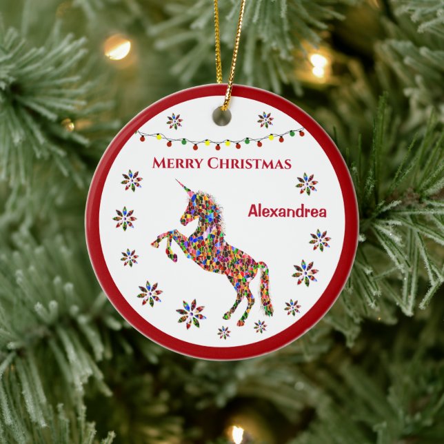 Frohe Weihnachten Einhorn Glitzer Personalize Keramik Ornament (Baum)