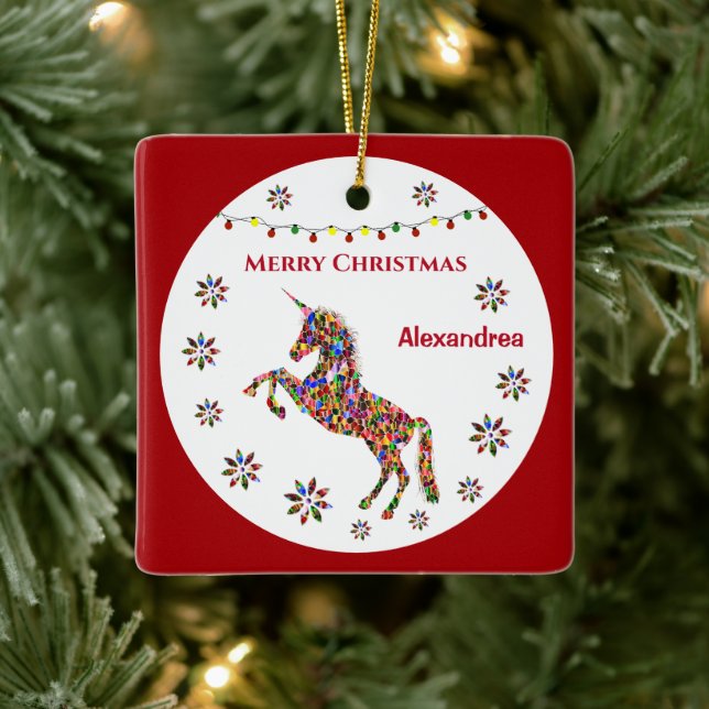 Frohe Weihnachten Einhorn Glitzer Personalize Keramikornament (Baum)