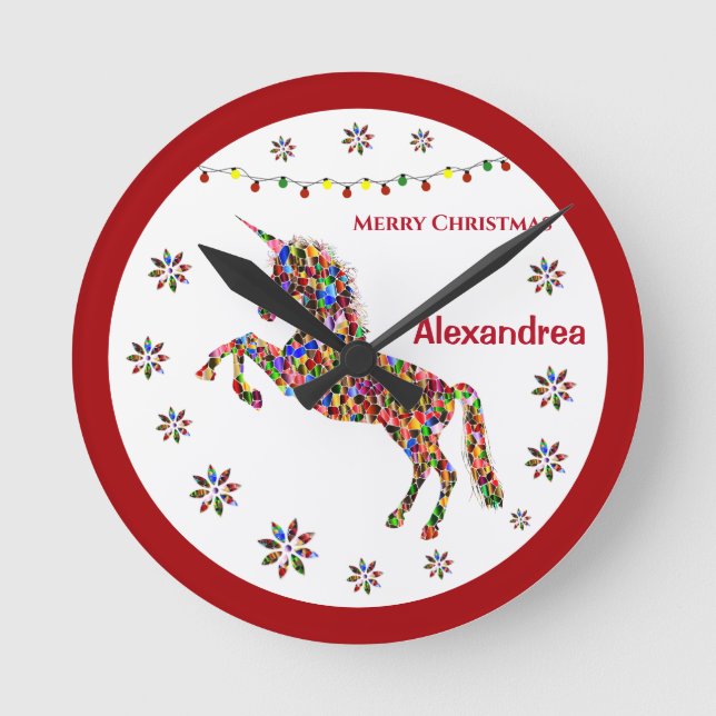Frohe Weihnachten Einhorn Glitzer Personalize Runde Wanduhr (Vorderseite)