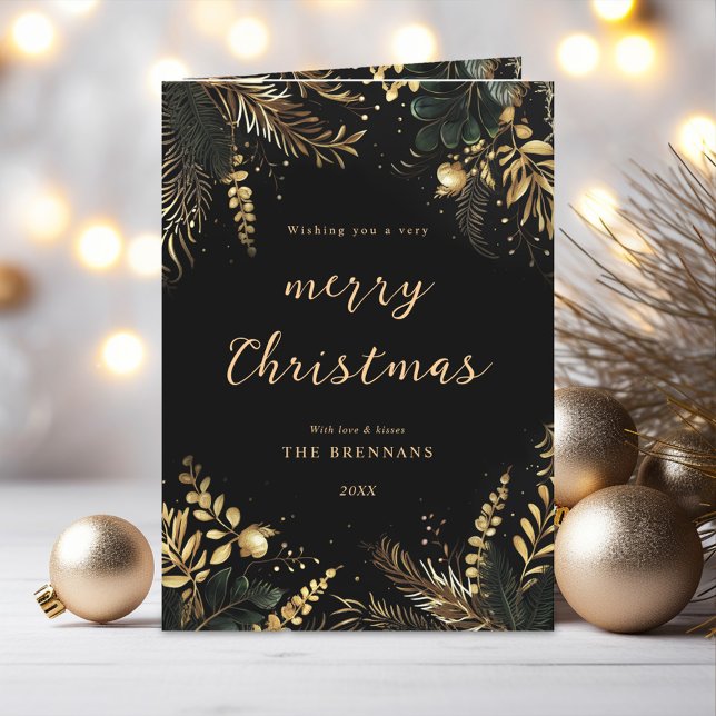 Frohe Weihnachten Elegant Botanisches Schwarzes Go (Merry Christmas Elegant Botanical Black Gold Holiday Card)