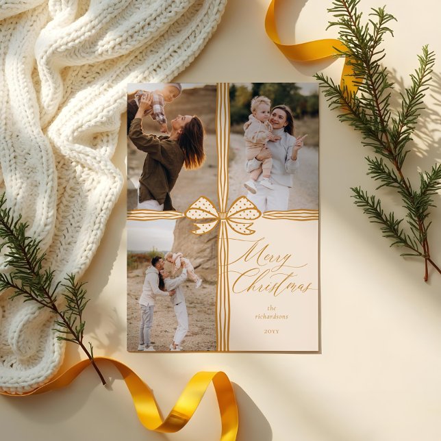 Frohe Weihnachten Elegant Bow präsentieren FotoCol (Merry Christmas Elegant Bow Present Photo Collage Holiday Card)