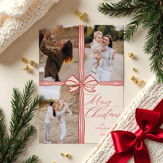 Frohe Weihnachten Elegant Bow präsentieren FotoCol (Merry Christmas Elegant Bow Present Photo Collage Holiday Card)