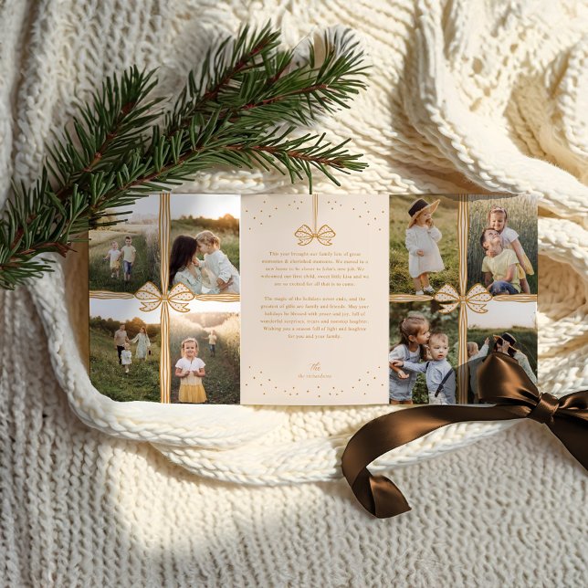 Frohe Weihnachten Elegant Bow präsentieren FotoCol Dreifach Gefaltete Urlaubskarte (Merry Christmas Elegant Bow Present Photo Collage Tri-Fold Holiday Card)