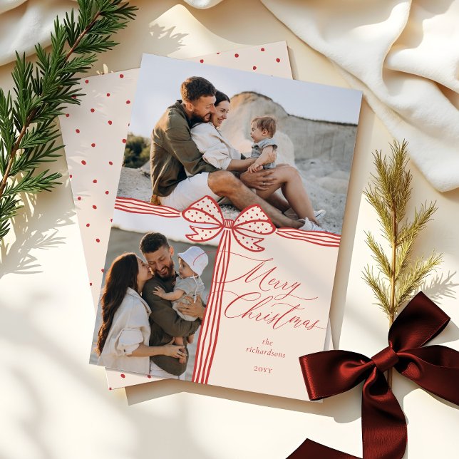 Frohe Weihnachten Elegant Bow & Ribbon Foto Collag (Merry Christmas Elegant Bow & Ribbon Photo Collage Holiday Card)