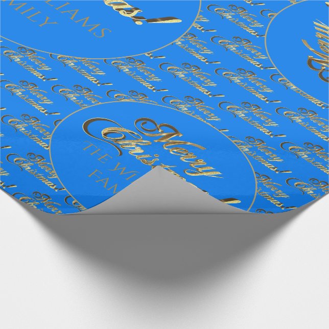 Frohe Weihnachten Elegant Cerulean Blue Gold Scrip Geschenkpapier (Ecke)