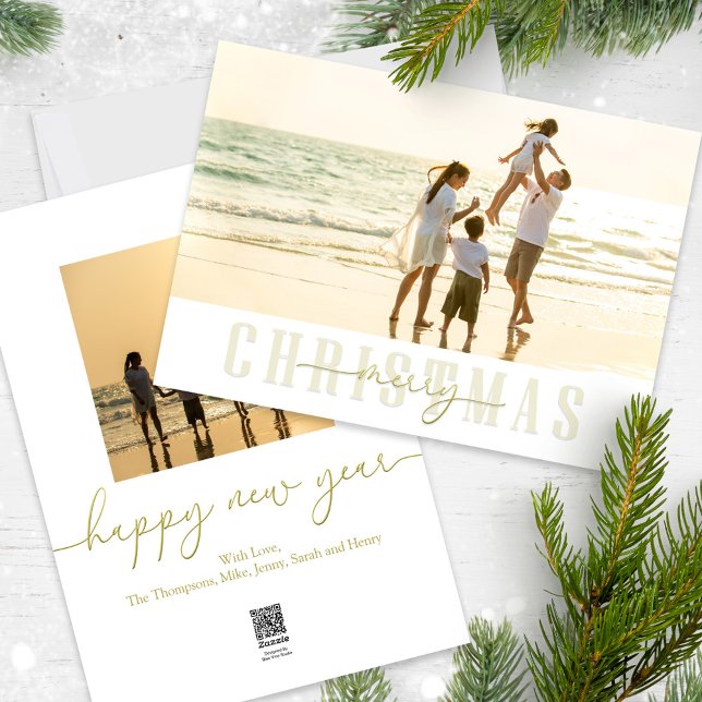 Frohe Weihnachten Elegant Gold Calligraphy 2 Foto (Merry Christmas gold typography-style photo card with a two-photo template. )