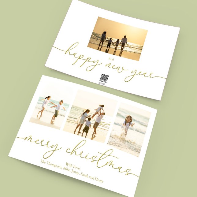 Frohe Weihnachten Elegant Gold Calligraphy 4 Foto (Merry Christmas elegant gold calligraphy four photo holiday card template. )