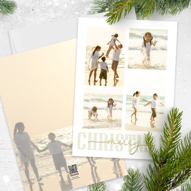 Frohe Weihnachten Elegant Gold Calligraphy 5 Foto (Merry Christmas gold stylish calligraphy photo card with a five photo template. )