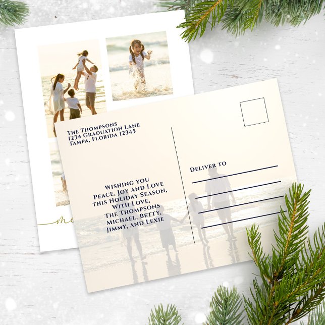 Frohe Weihnachten Elegant Gold Calligraphy 5 Foto (Merry Christmas elegant gold five-photo template postcard. )