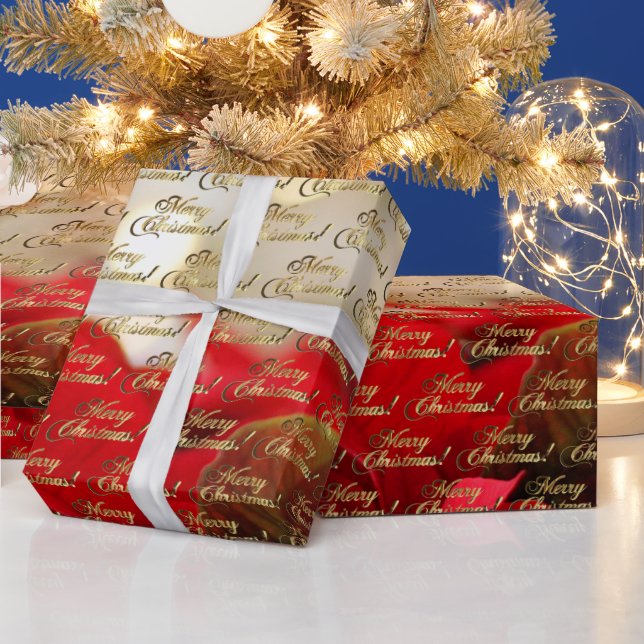Frohe Weihnachten Elegant Gold Script Poinsettia Geschenkpapier (Feiertage)