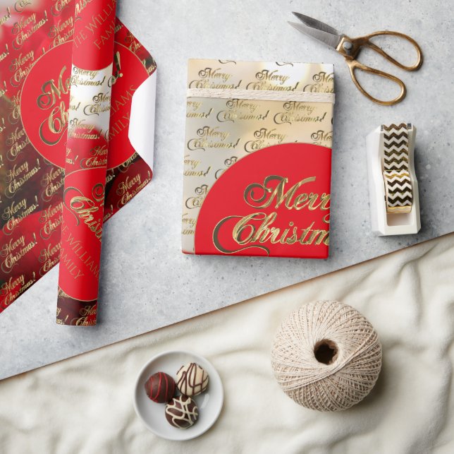 Frohe Weihnachten Elegant Gold Script Poinsettia Geschenkpapier (Kunsthandwerk)