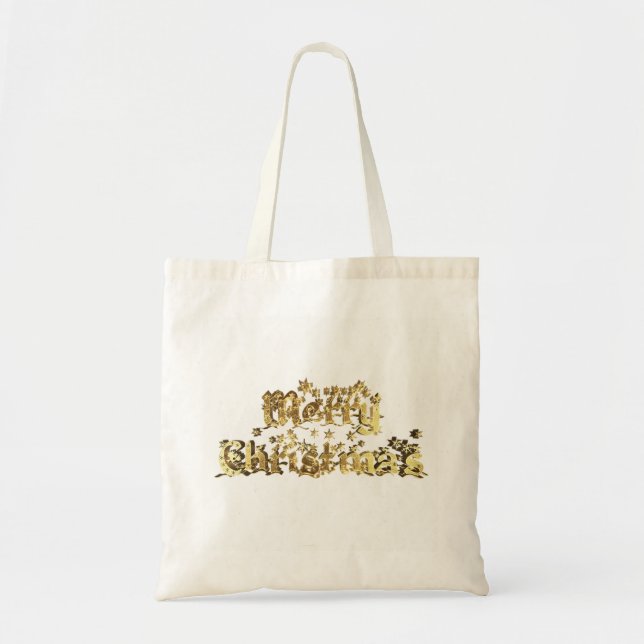 Frohe Weihnachten Elegant Gold Stars Typografie Tragetasche (Vorne)