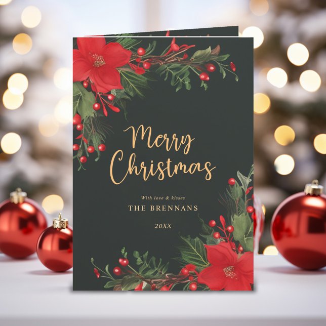 Frohe Weihnachten Elegant Grün Rot Botanisch (Merry Christmas Elegant Green Red Botanical Holiday Card)